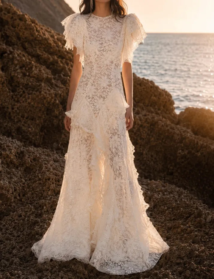 Ivory Floral Lace Ruffle Maxi Dress