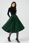 Green Wool Midi Skirt - Button Front Pleated Circle Skirt 5322
