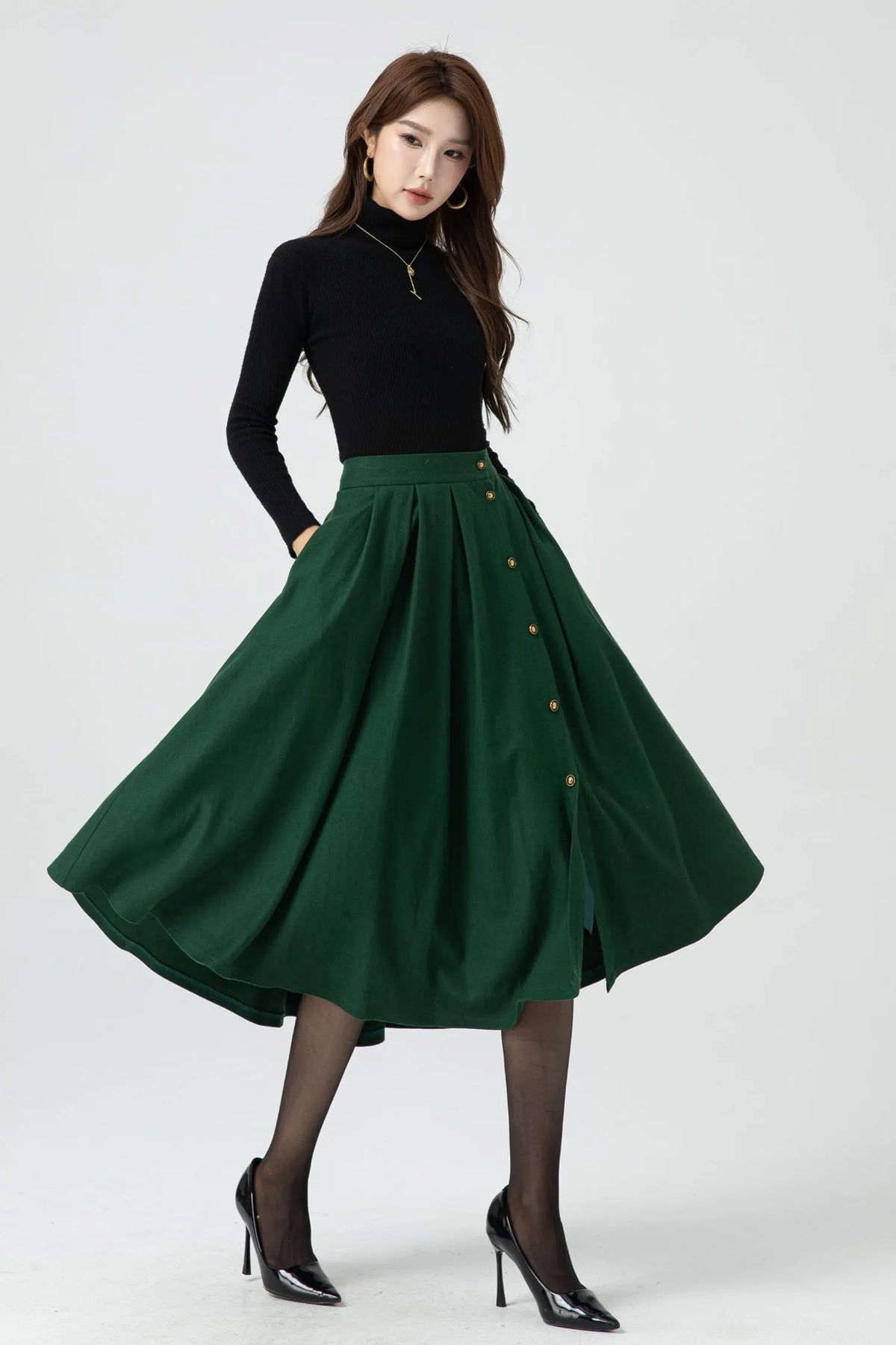 Green Wool Midi Skirt - Button Front Pleated Circle Skirt 5322