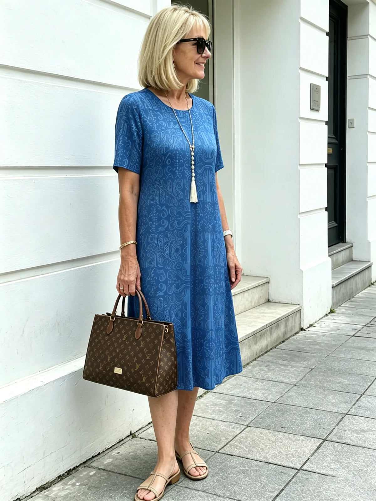 Blue Paisley Print Loose Midi Dress, Round Neck Short Sleeve Tummy Concealing Slimming Temperament Dress for Mature Wome