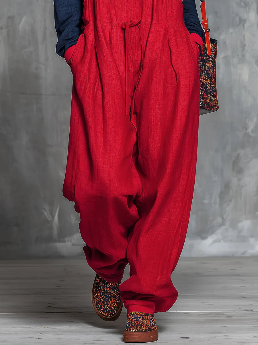 Retro Bohemian Style Color-blocked Cotton And Linen Top And Overalls Set