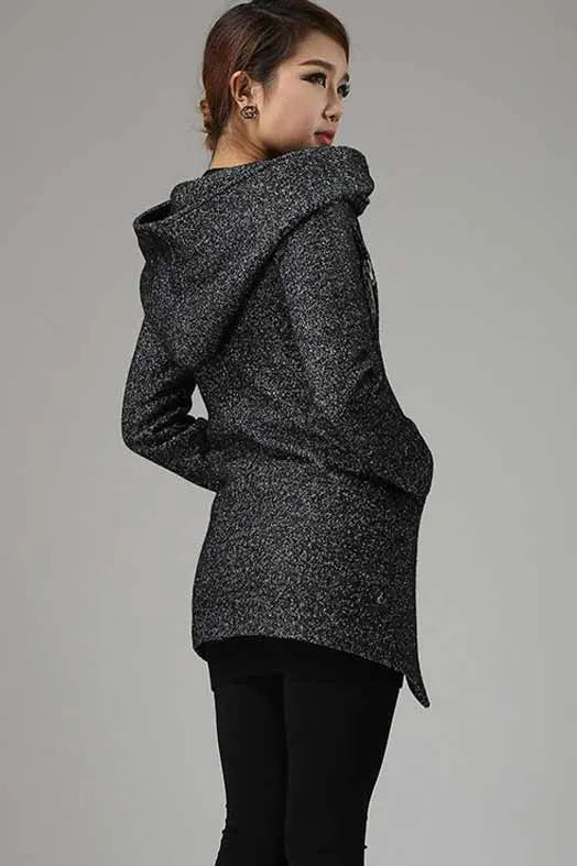 Charcoal Black Biker Wool Coat – Cowl Neck Hooded Winter Jacket 