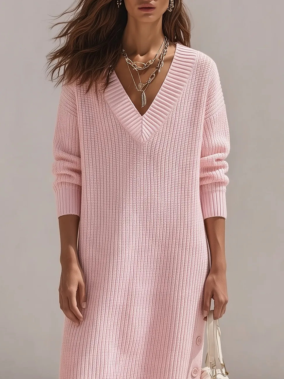 Old Money Resort Light Pink V Ribbed Knit Midi Dress