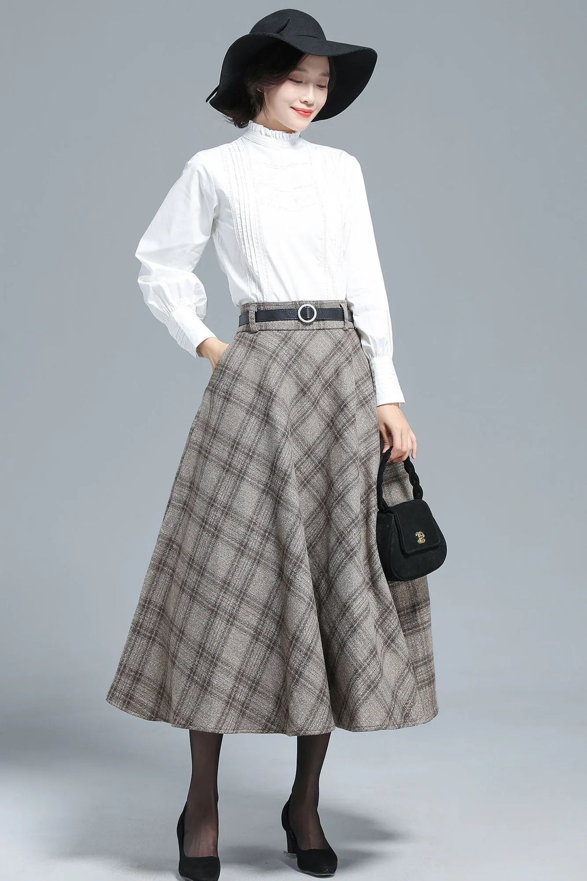Khaki Wool Plaid Full Skirt - Elastic Waist, Side Pockets 3133