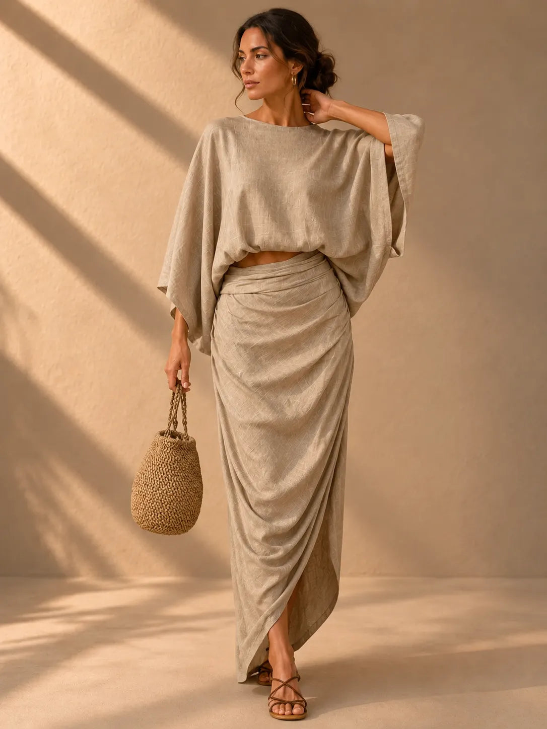 Linen Blend Batwing Top & Wrap Maxi Skirt Two‐Piece Set