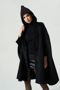 Black Wool Cape Coat - Vintage Hooded Flowing Silhouette 1952