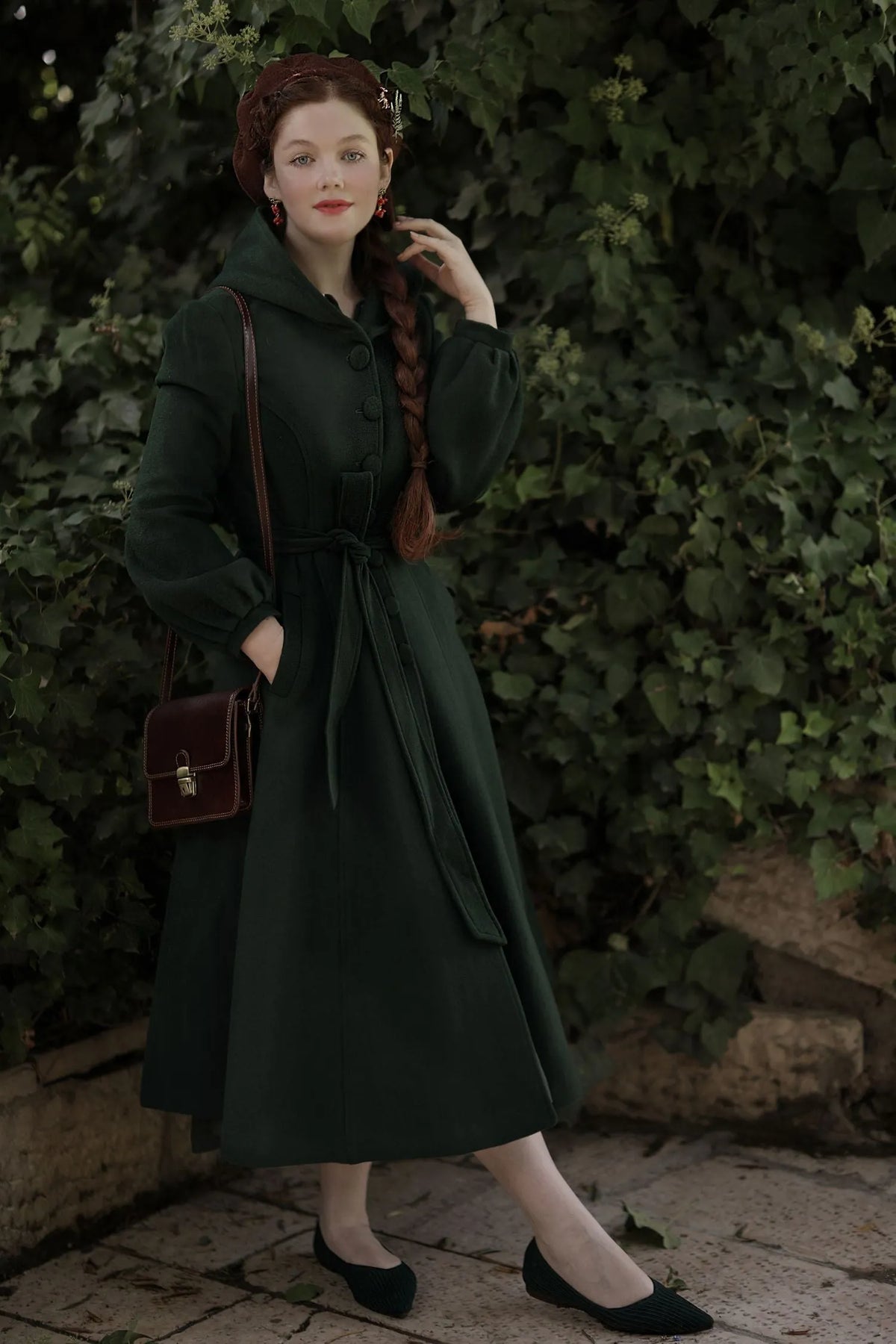 Dark Green Wool Blend Coat – Handmade Hooded Vintage Winter Elegance 3870