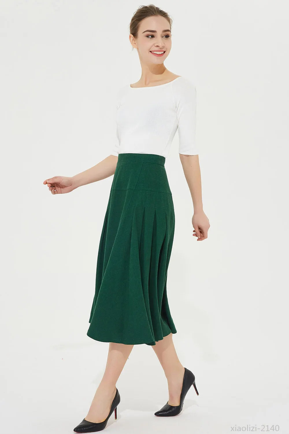 Midi Linen Skirt in Forest Green - High-Waisted Pleated A-Line 2140