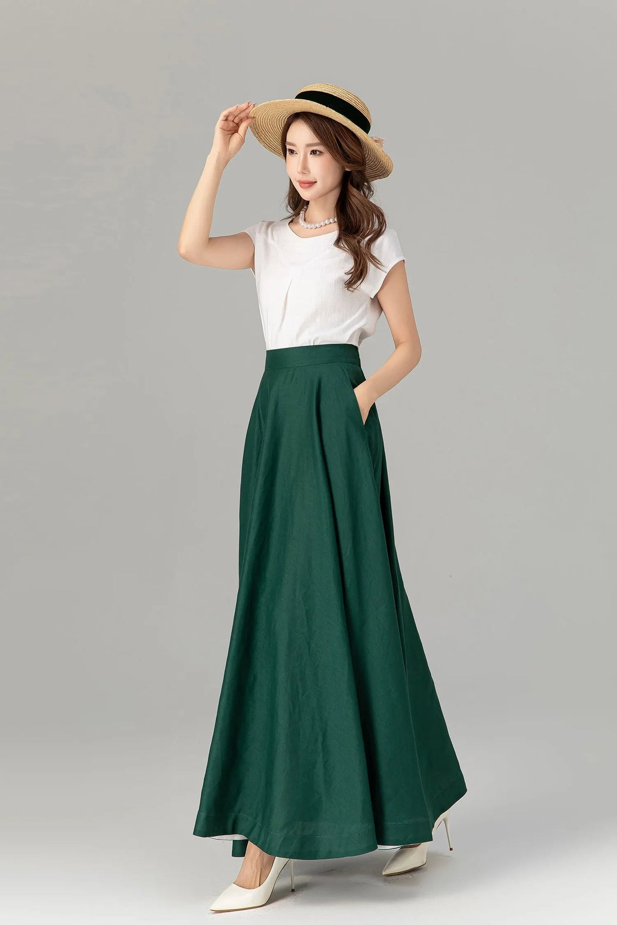 Green Linen Maxi Skirt - A-Line Flowy Silhouette with Pockets 4929