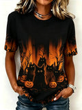 Women's Retro Halloween Black Cat Print T-shirt