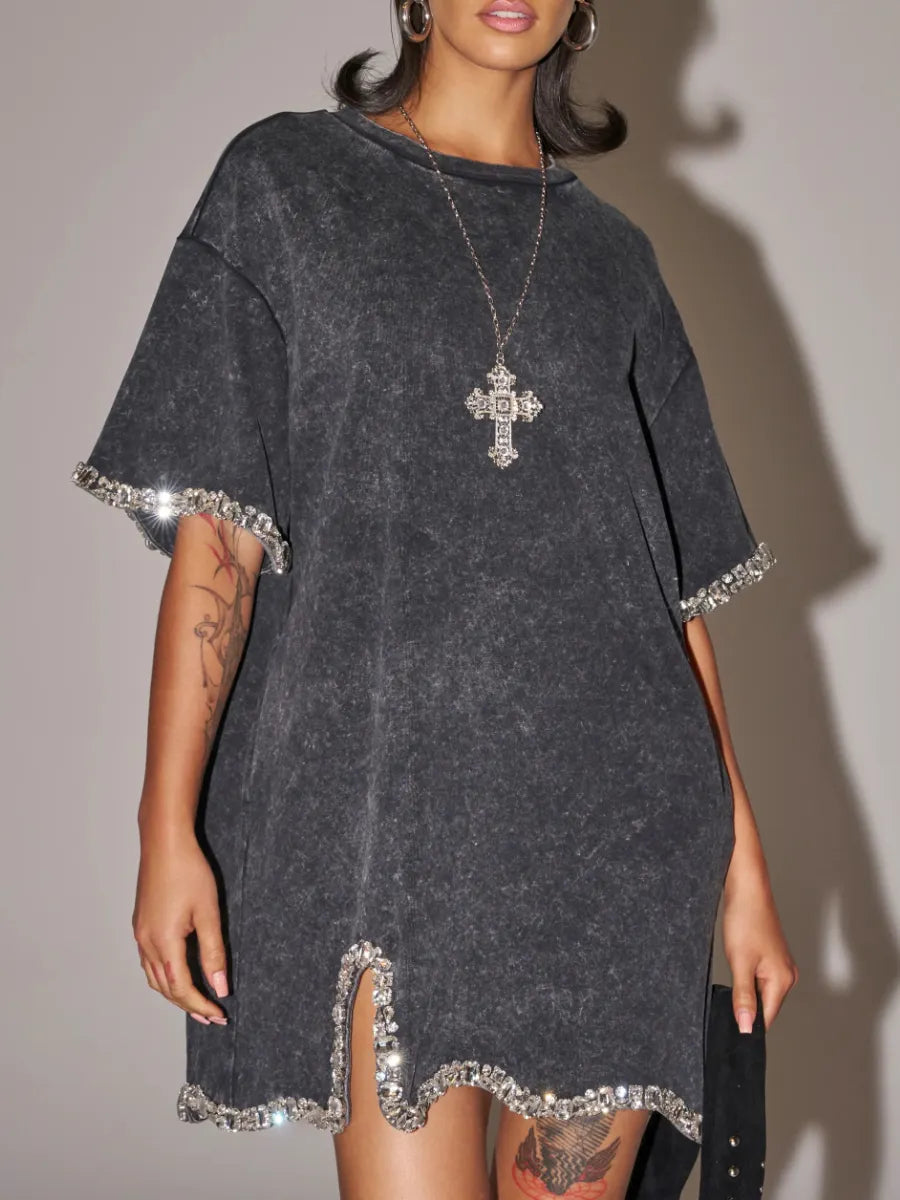 Rhinestone Trim Washed T‐Shirt Mini Dress