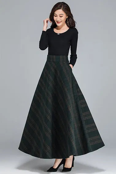 Plaid Wool A-Line Maxi Skirt - Elastic Waist, Side Pockets 3932