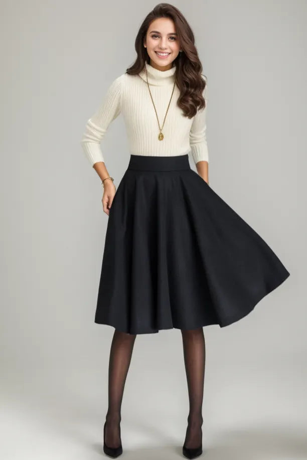Wool Blend A-Line Skirt – Classic High Waist Midi Skirt with Pockets 1633