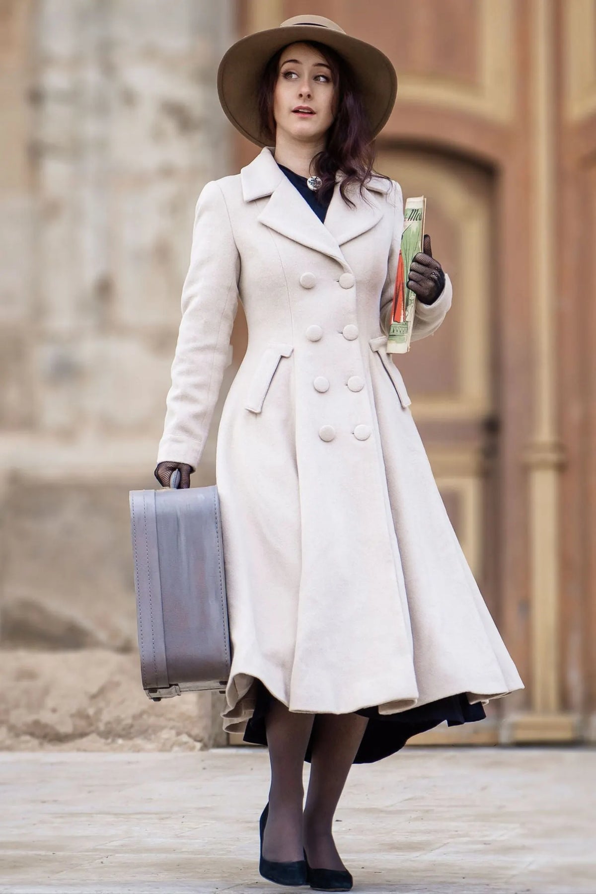 Cream White Wool Blend Coat - Double-Breasted A-Line Overcoat 3183