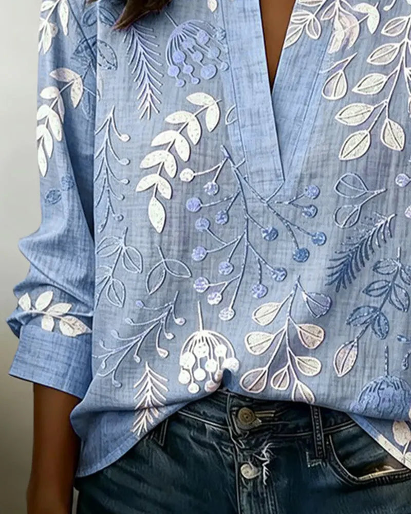 Women's V-Neck Floral Embroidered Blouse, Long Sleeve Notch Collar Linen Blend Top