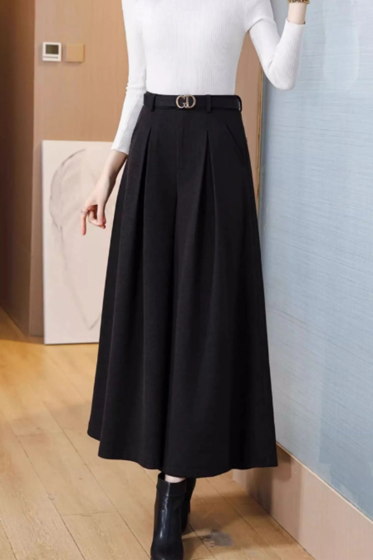 Black Wool Wide Leg Pants - High Waist Relaxed Fit 6372