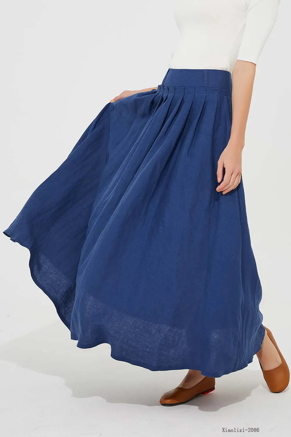 Blue Linen Maxi Skirt - Handmade Pleated Waist with Pockets 2086