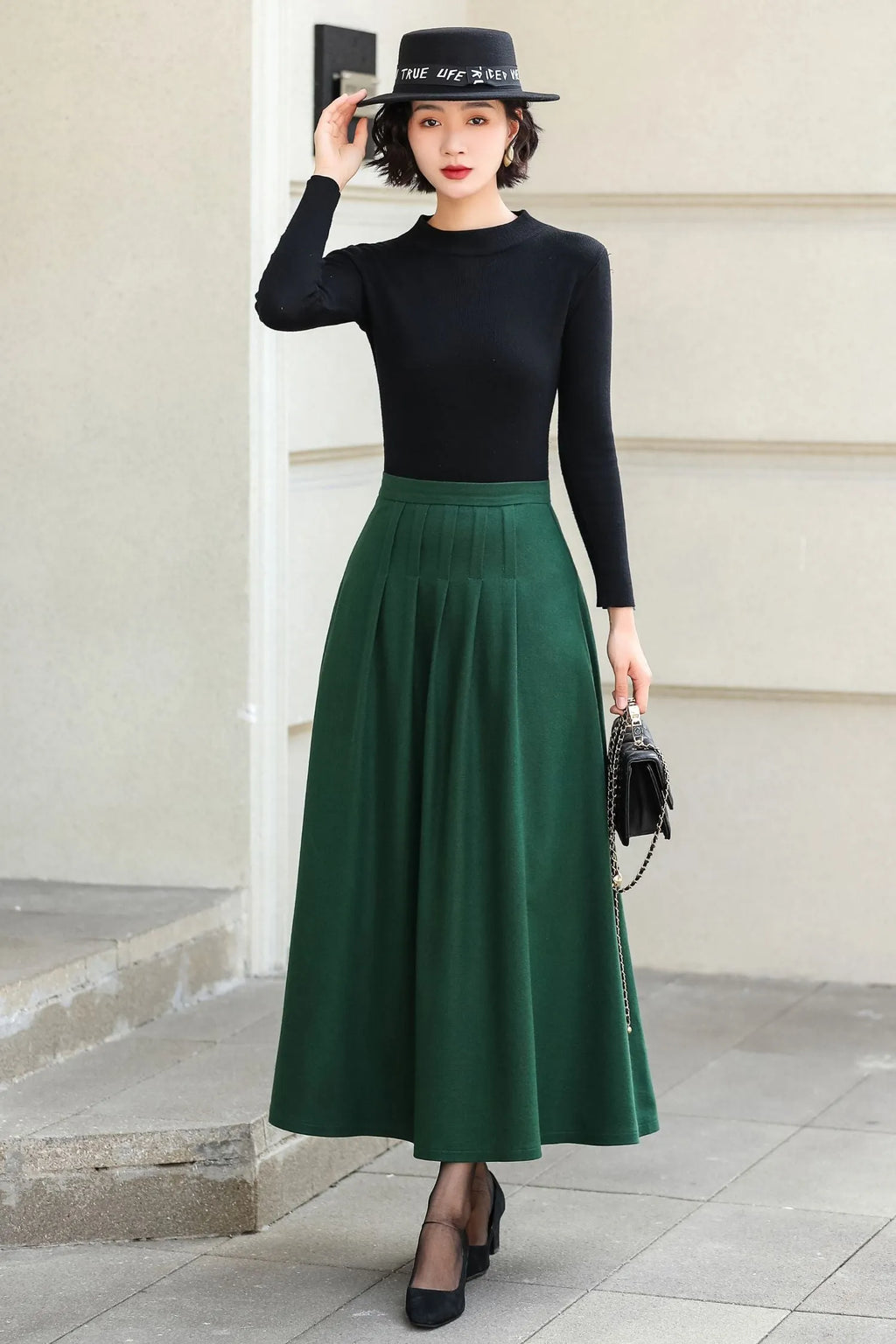 Green Wool Blend A-Line Ankle Length Skirt - High Waist Flowy 6973