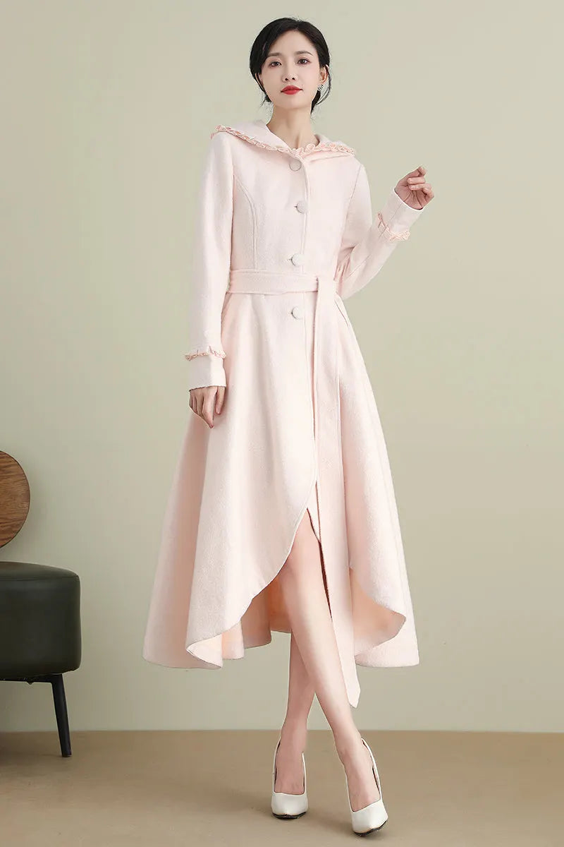 Pink Wool Coat – Women’s Hooded Asymmetrical Long Winter Coat with Belt 3901