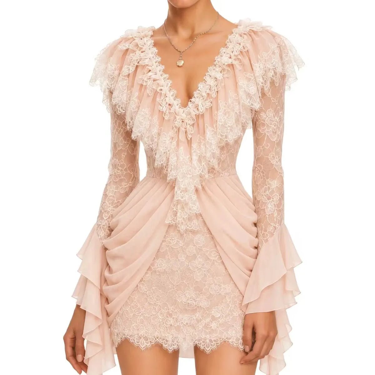 Floral Lace Ruffle V-Neck Flare Sleeve Ruched Mini Dress