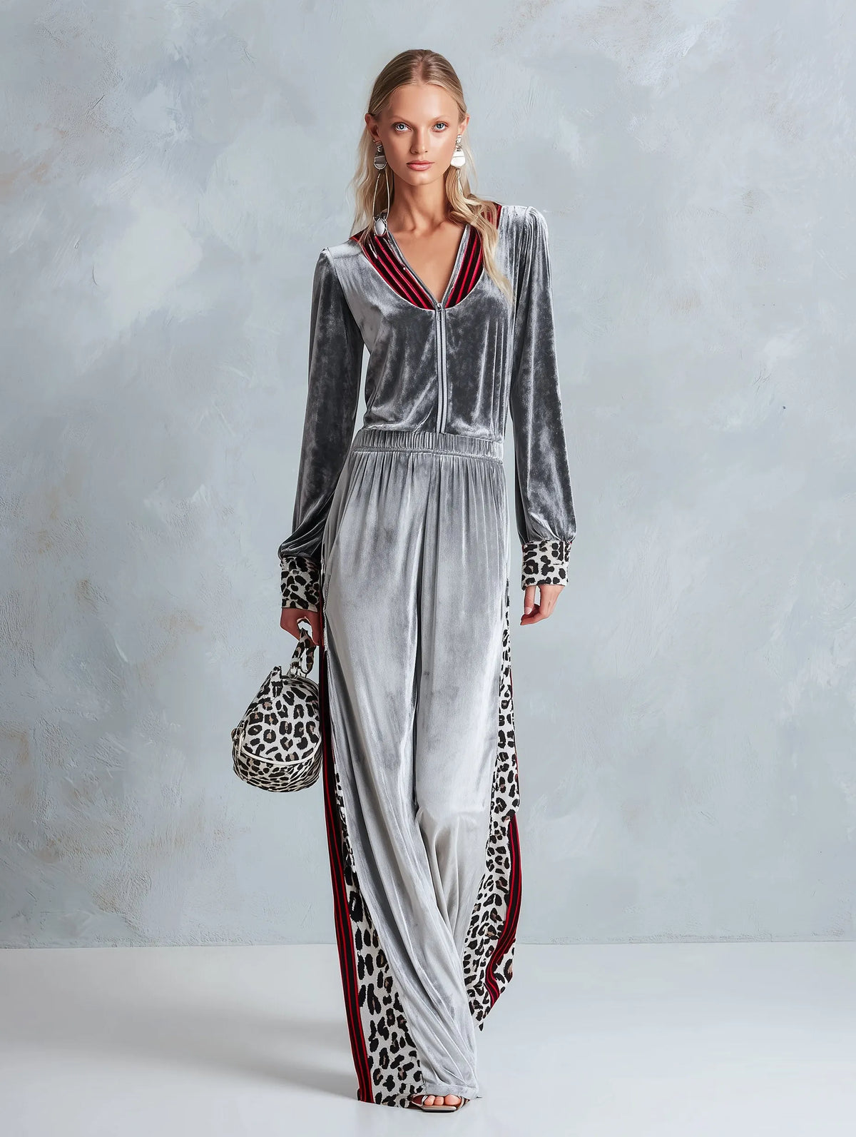 Chic Casual Striped & Leopard-Trimmed Grey Velour Jumpsuit