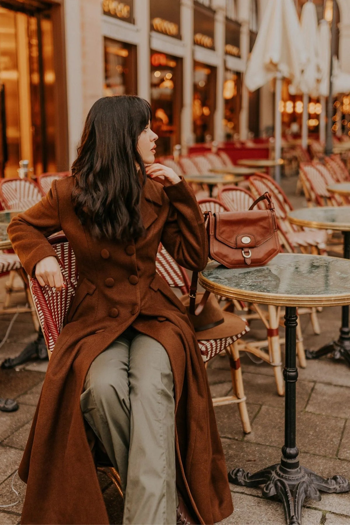 Brown Wool A-Line Trench Coat - Double Breasted Maxi 