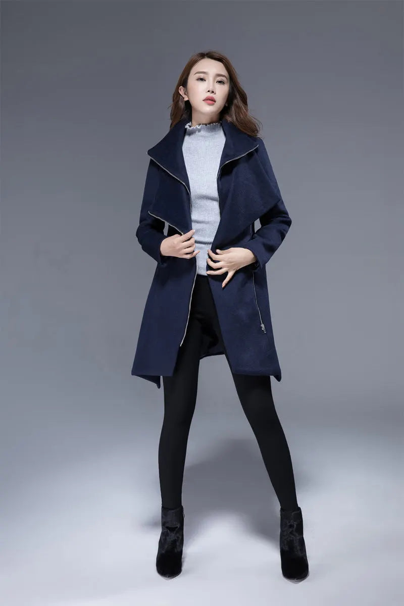 Navy Wool Coat - Asymmetrical Hem and Cowl Neck 1817