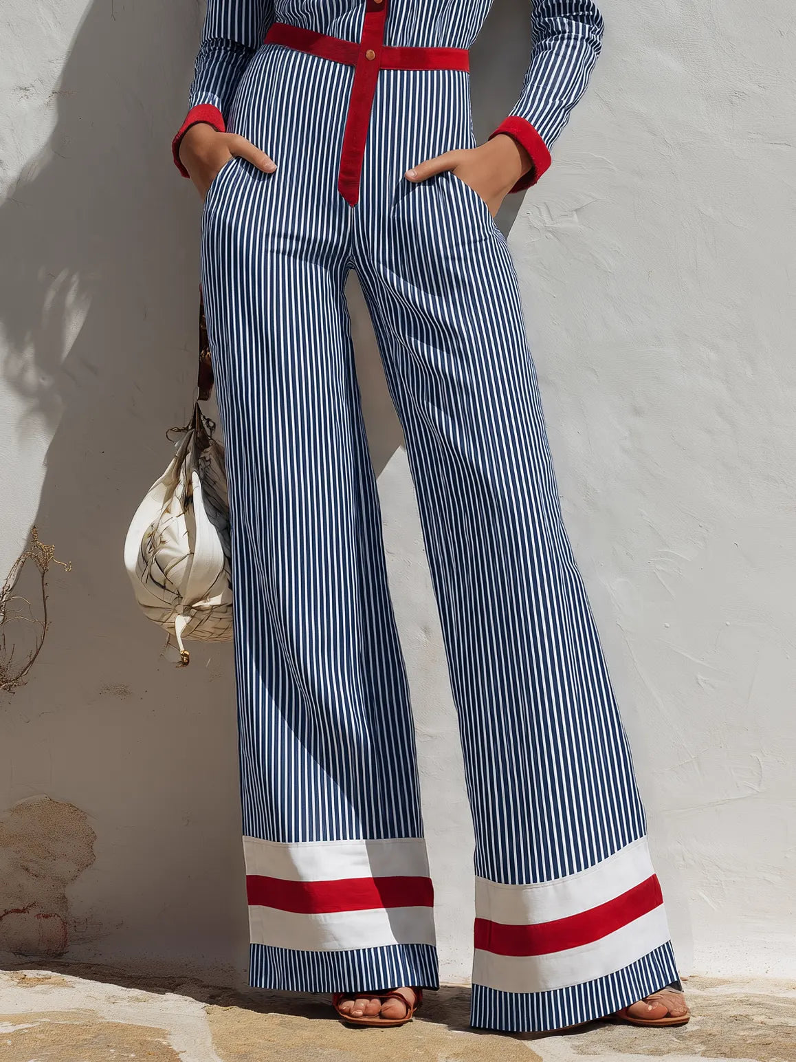 Trendy Retro Color-blocked Striped Long Sleeve Jumpsuit