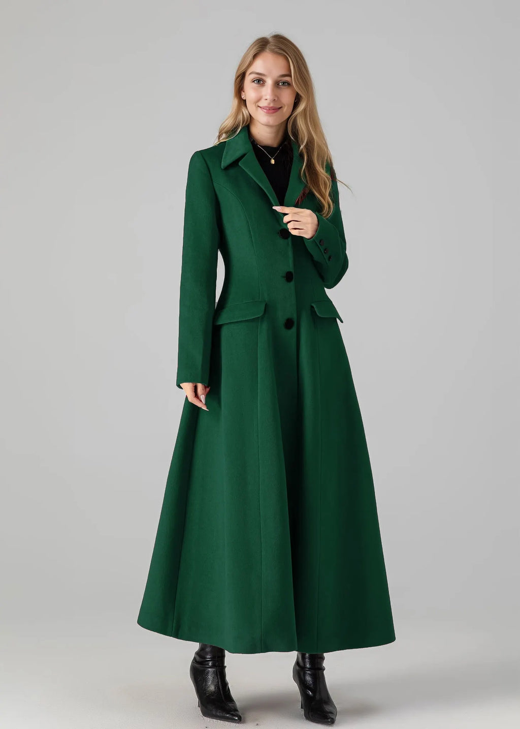 Emerald Wool Long Coat - Flared Silhouette with Classic Collar 5435
