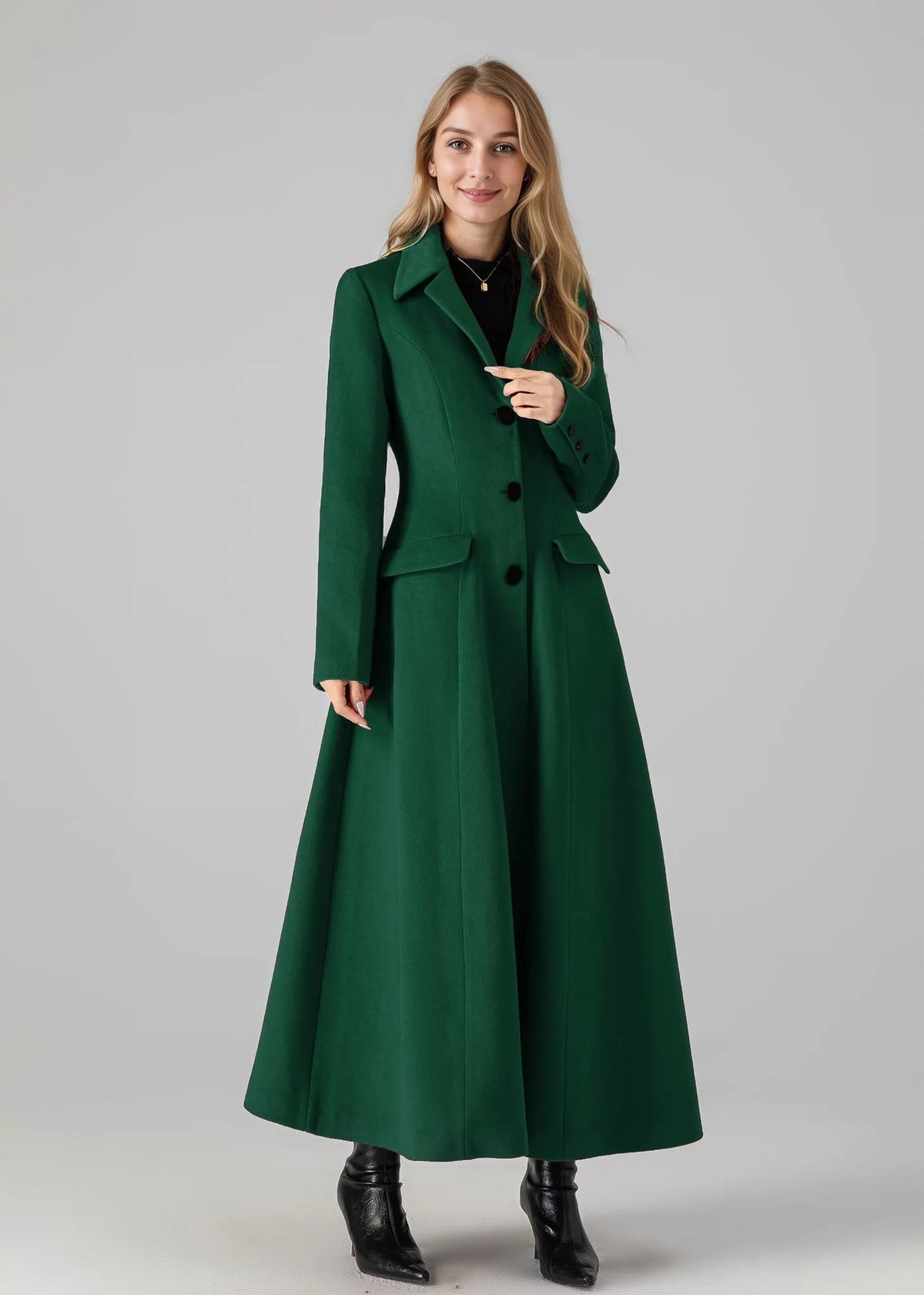 Emerald Wool Long Coat - Flared Silhouette with Classic Collar 5435