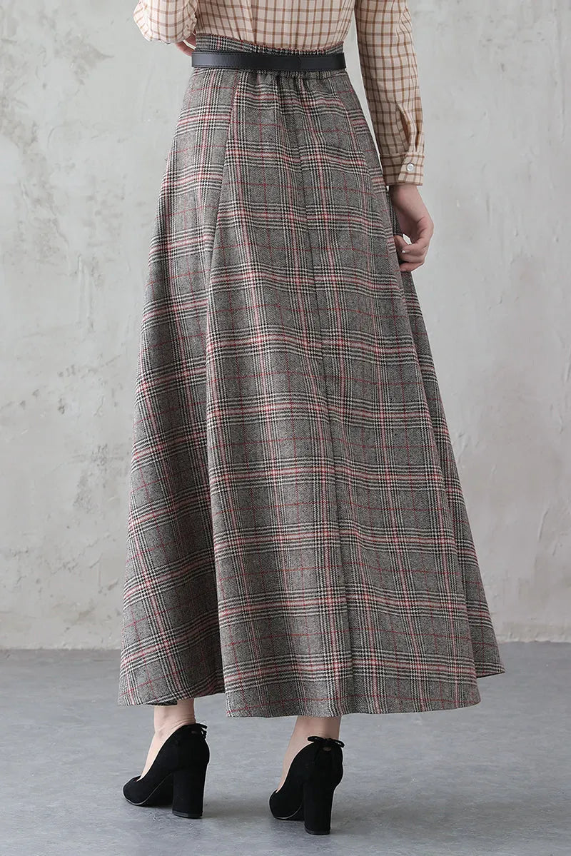 Plaid Wool Long Skirt - Retro Full Silhouette with Side Pockets 3837