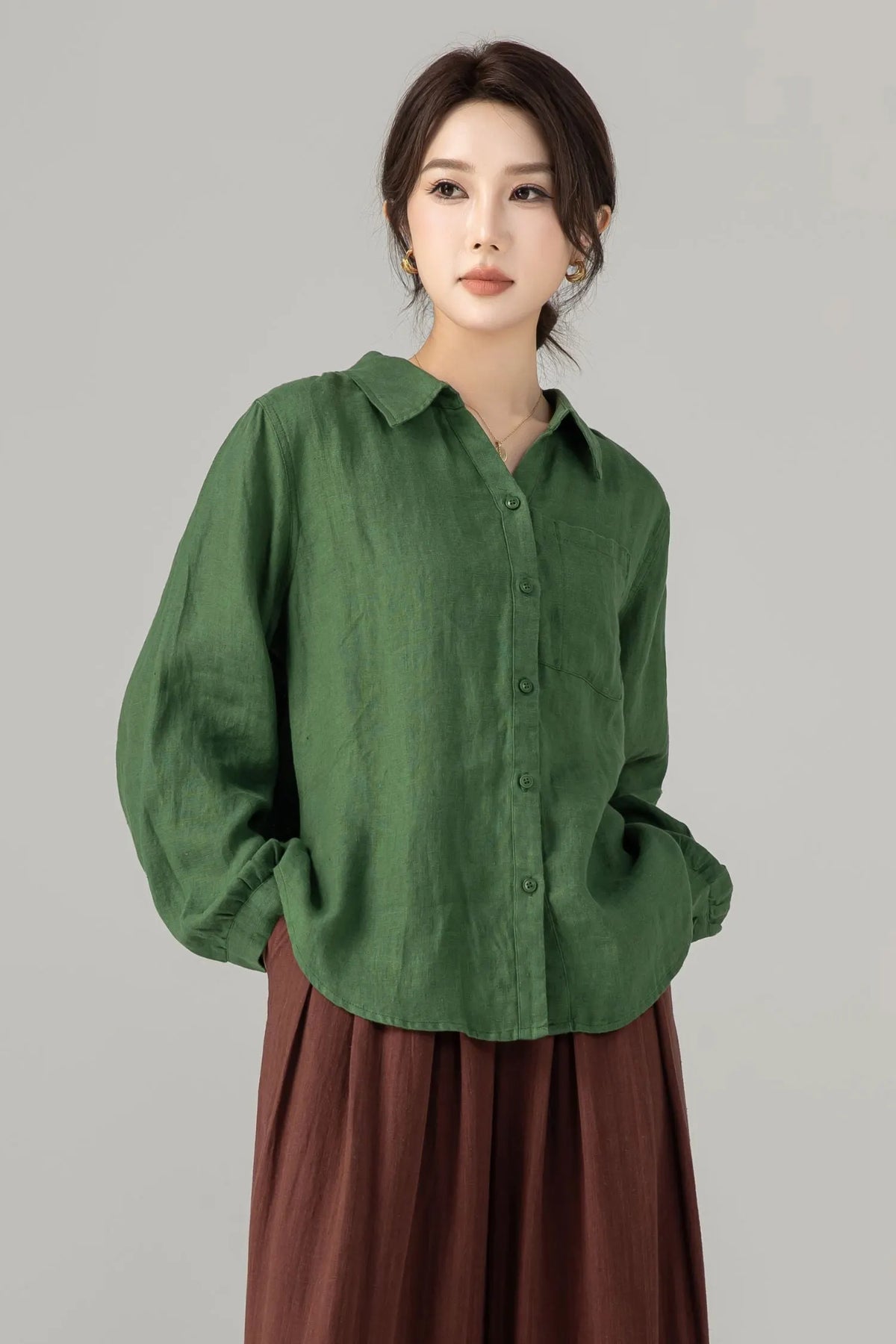 Green Linen Blouse - Loose Fit Vintage Collar Long Sleeve 