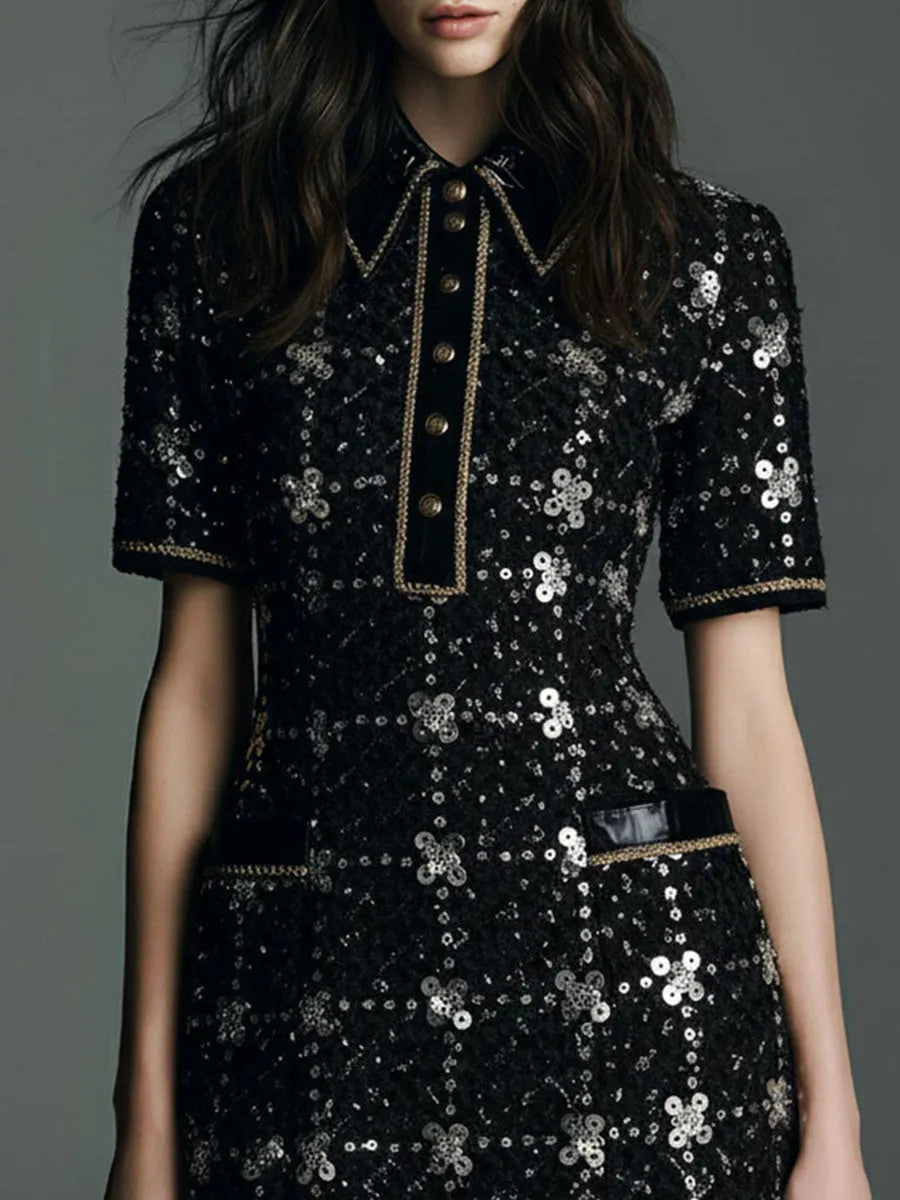 Retro Glamour Luxe Black Sequin Tweed Mini Dress