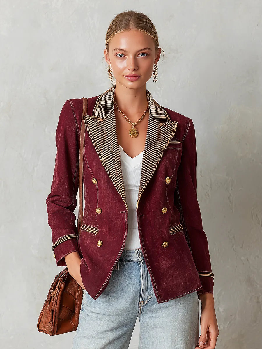 Burgundy Double and Striped Lapels Breasted Blazer