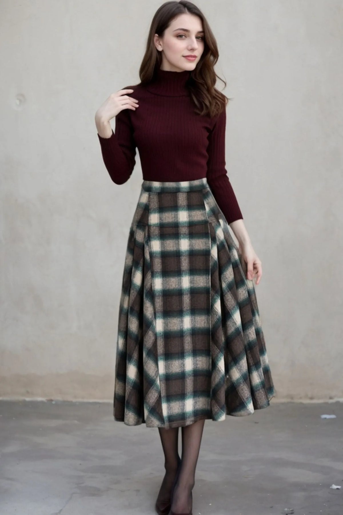 Plaid Wool Blend Midi Skirt – Handmade 1950s Vintage Swing Elegance Xiaolizi 5401