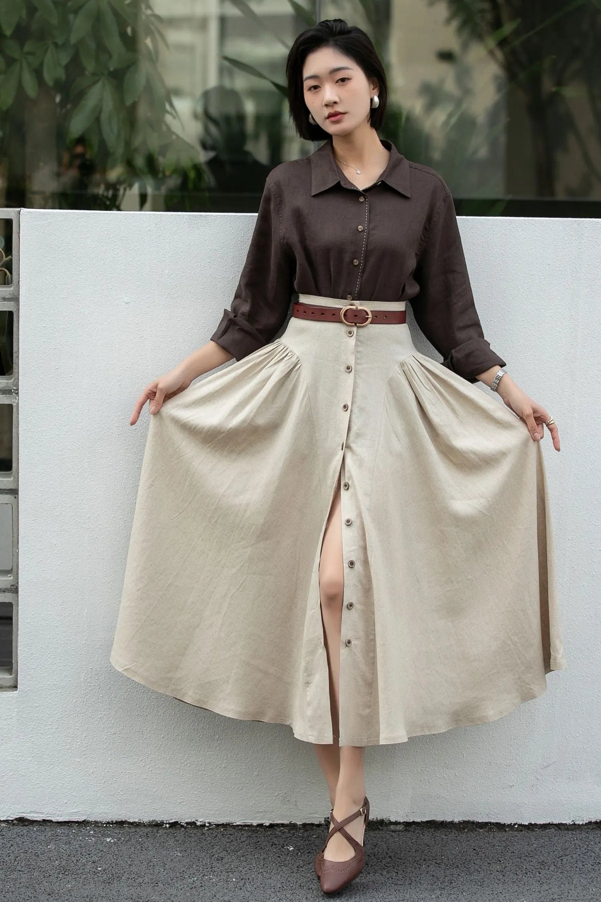 Beige Linen Midi Skirt – High Waist A-Line Button Front Skirt 6666 -Size xs #CK2600002