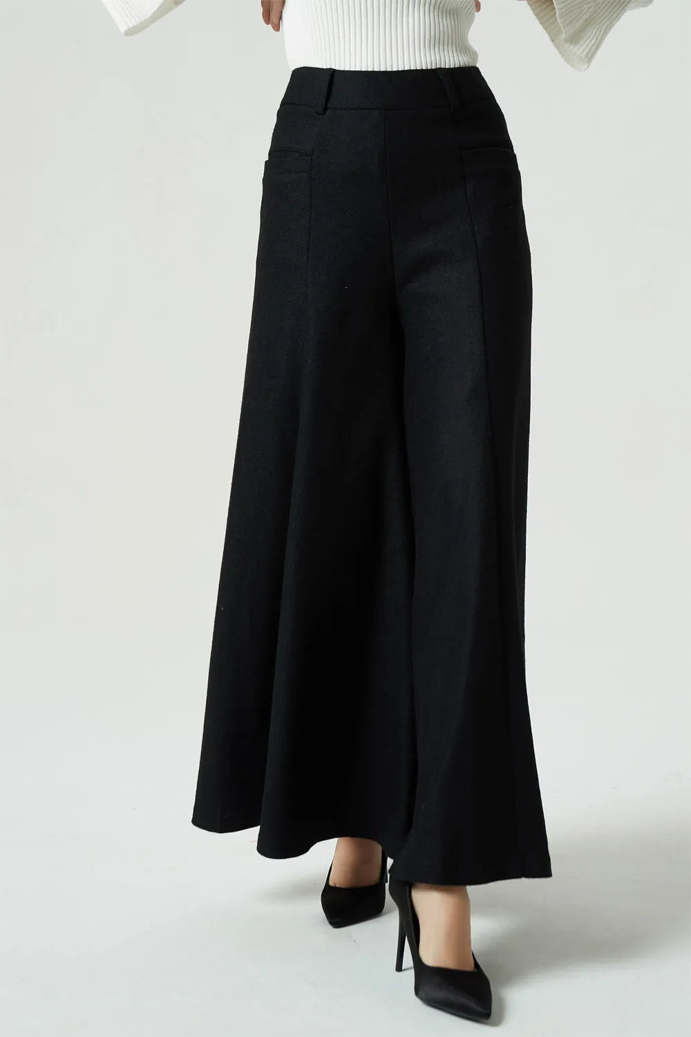 Black Wool Wide Leg Palazzo Pants - High Waist Pleated Maxi Pants 1998