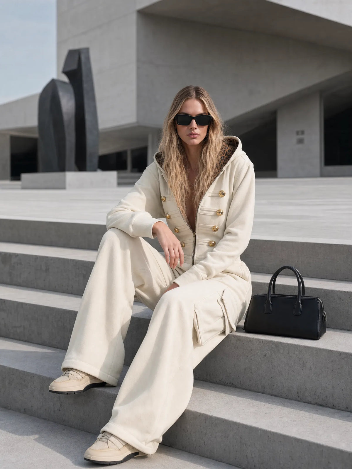 Vintage Cream Hooded Gold-Button Zip-Front Cargo Wide-Leg Military Jumpsuit Women