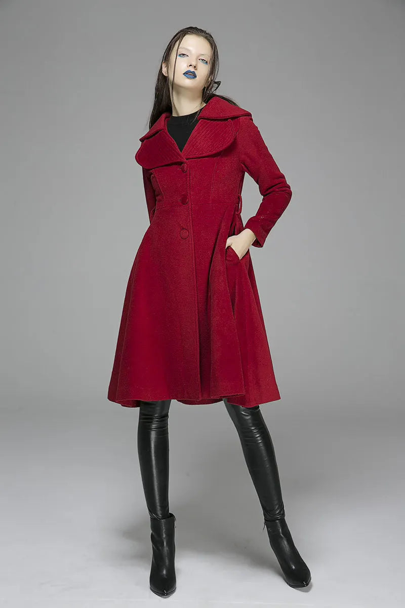 Red Wool Coat Dress – Winter Holiday Party & Romantic Evening Overcoat 1366