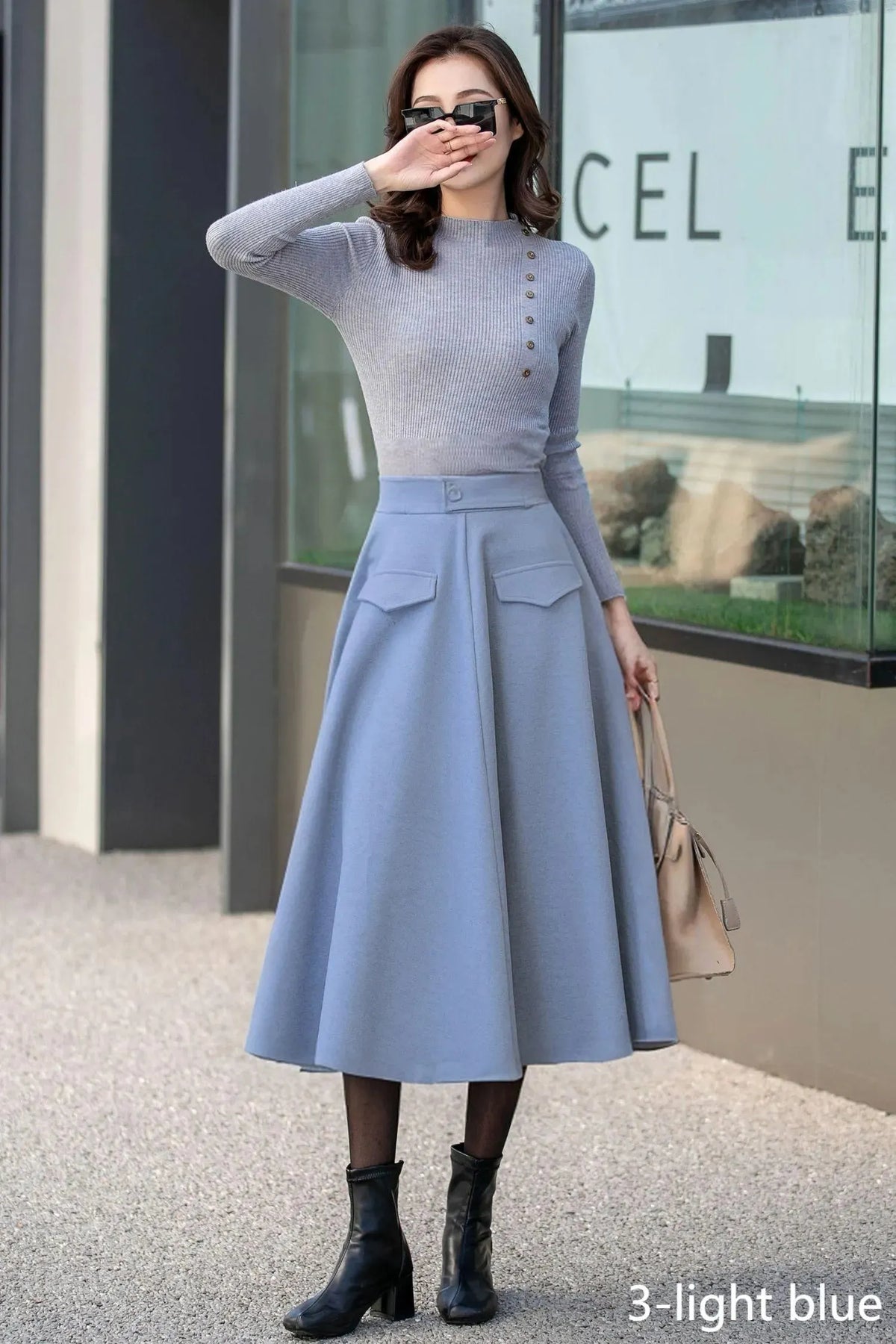 Beige Wool Midi Skirt - High Waisted A-Line with Decorative Pockets 4134