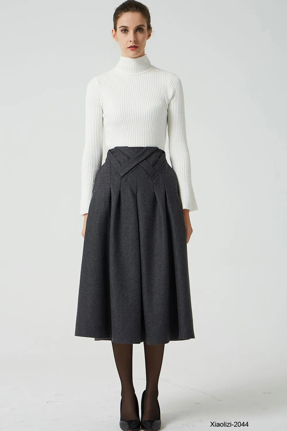 Gray Wool Midi Skirt - Pleated with Elastic Waist and Pockets 2044