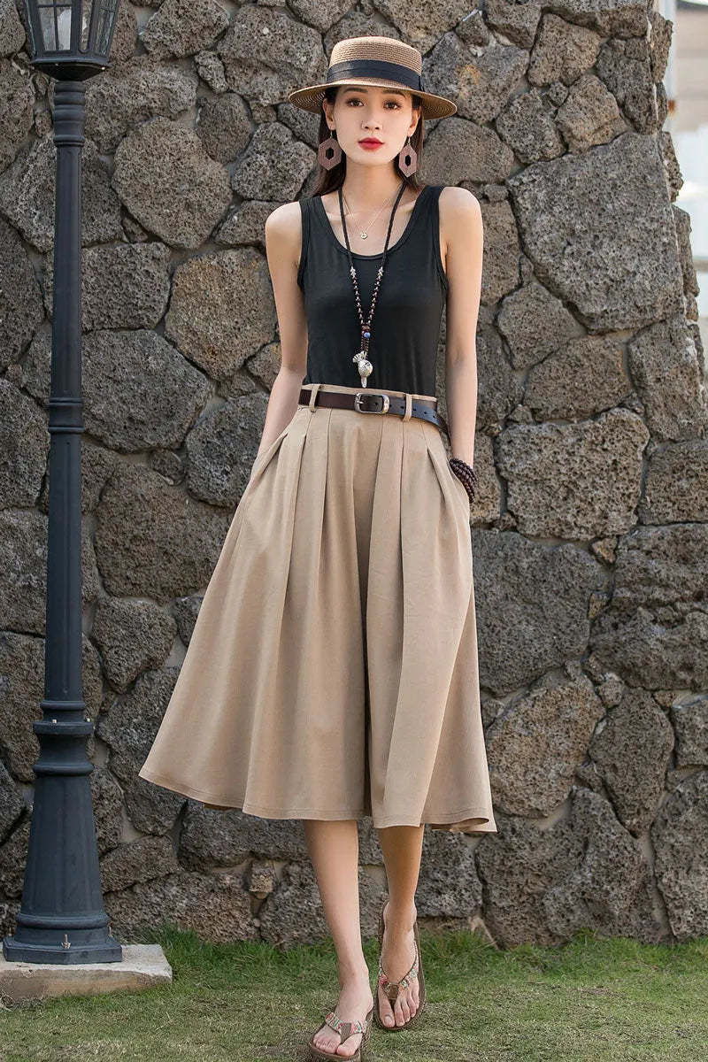 Khaki Linen Cotton A-Line Midi Skirt - Pleated with Pockets 2882