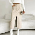 Chic Split Designed Slim Straight Faux Leather Long Skirt