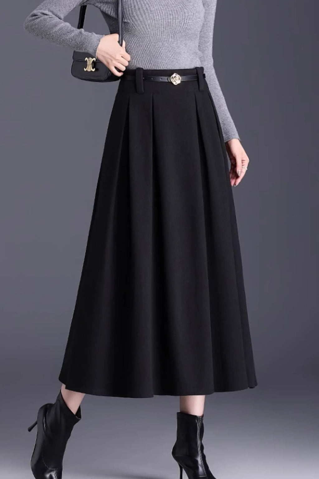 Brown Wool A-Line Midi Skirt - Pleated Elegant Silhouette 6137