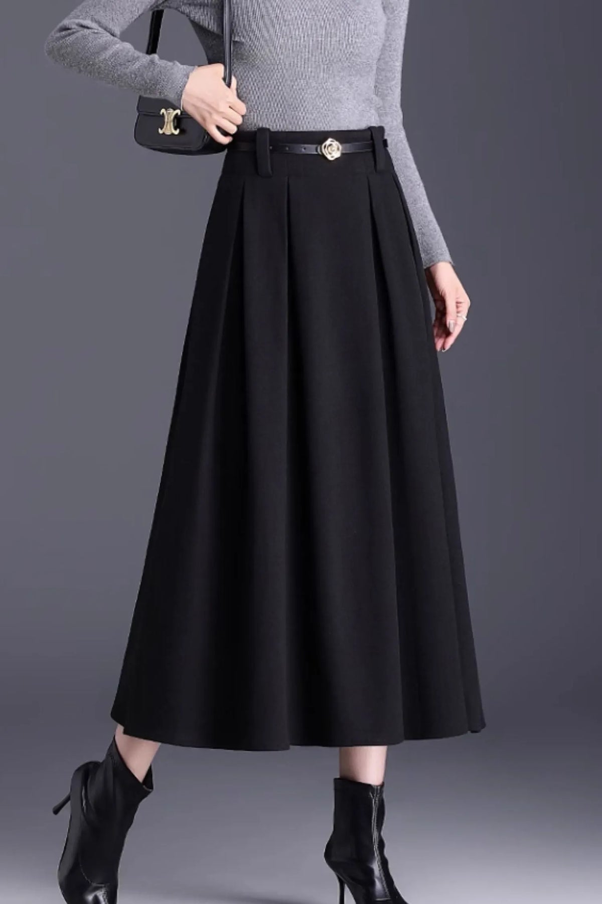 Brown Wool A-Line Midi Skirt - Pleated Elegant Silhouette 6137