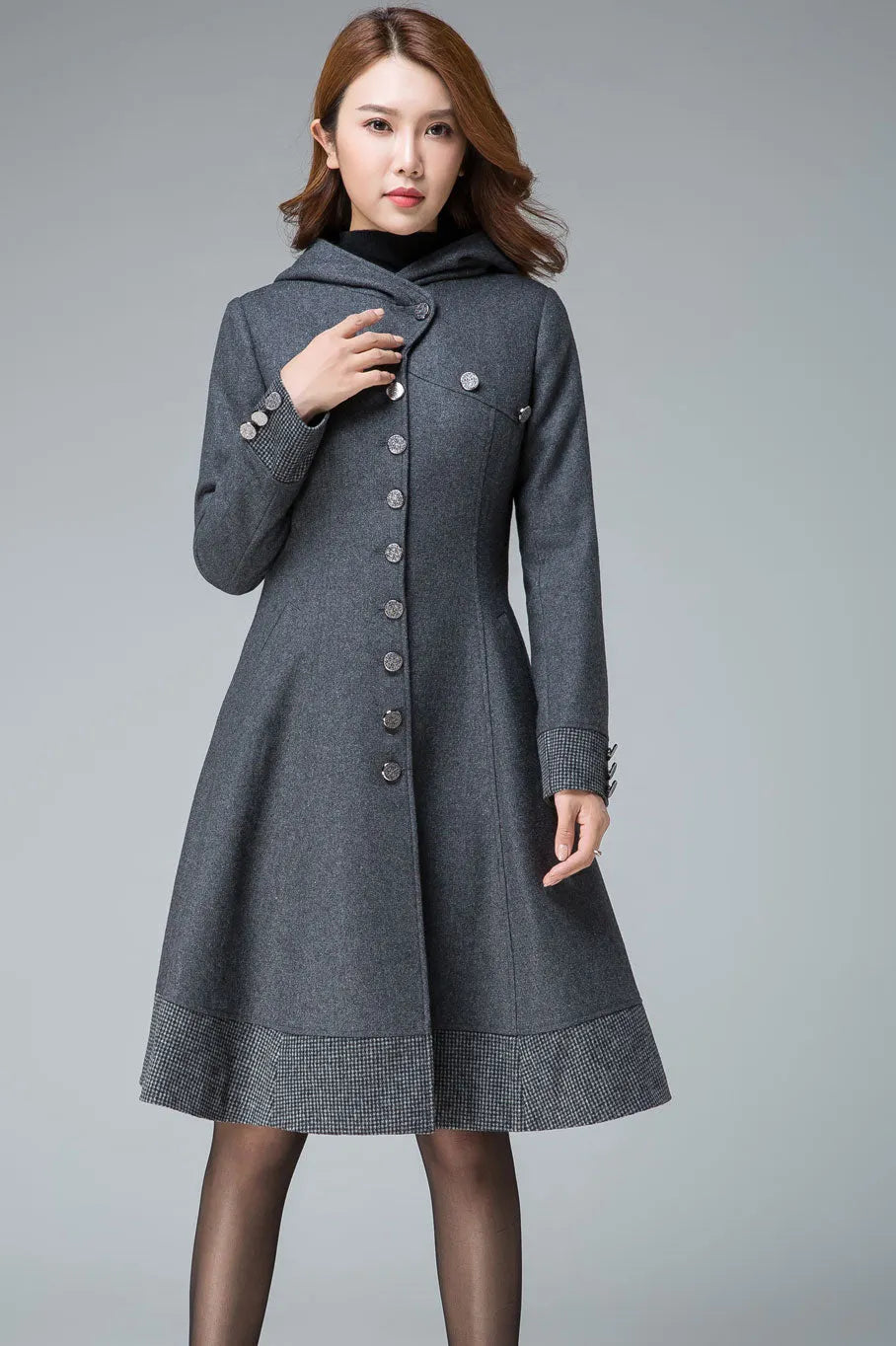 Dark Gray Wool Coat – Handmade Hooded A-line Winter Coat with Plaid Trim 