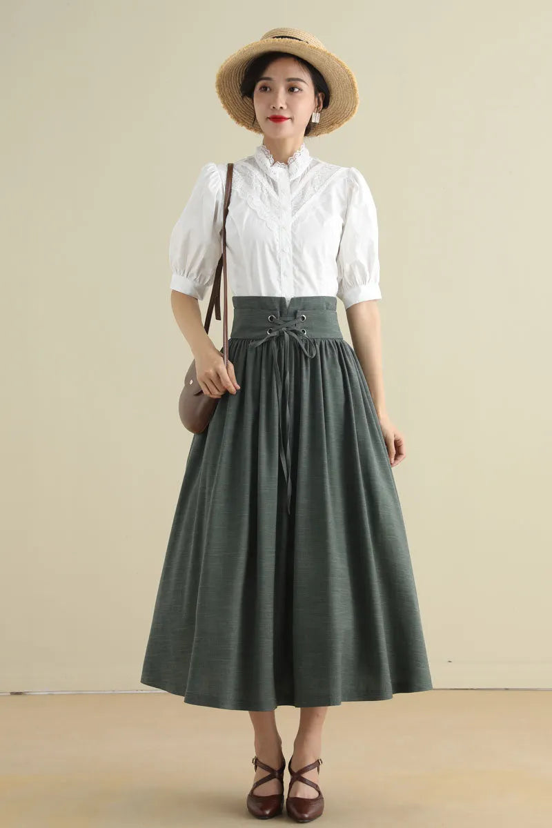 Green Linen Cotton Midi Skirt - Pleated High Waist with Drawstring 2788