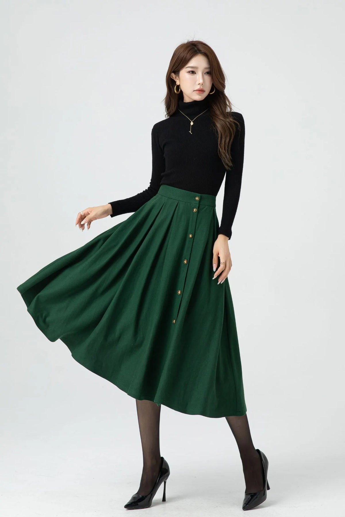 Green Wool Midi Skirt - Button Front Pleated Circle Skirt 5322