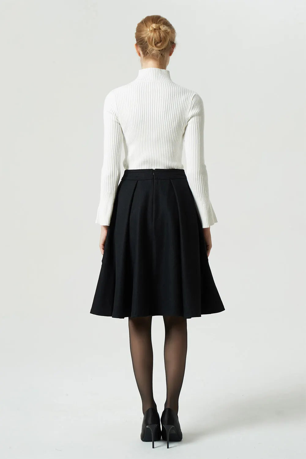 Black Wool Knee Length Skirt - Pleated A-Line Silhouette 6291