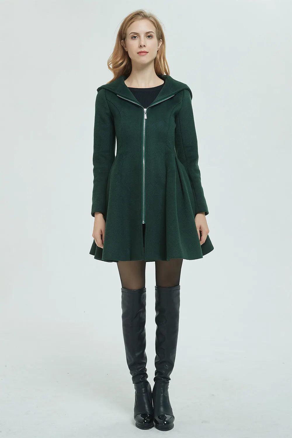 Green Wool Coat - Hooded, Short Length with Front Zipper 1948